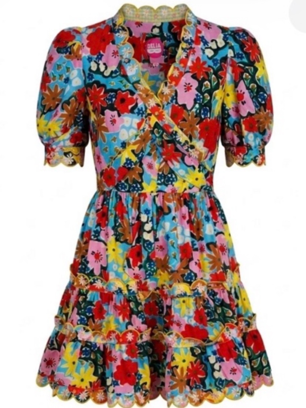 Celia B Aila Floral Wrap Dress Ruffled Tiered Scalloped Puff Sleeve Size M
